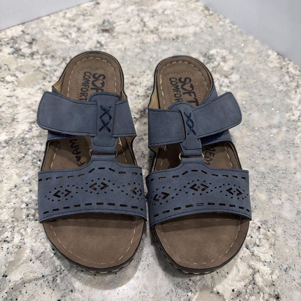 Shoes Soft Comfort Women’s Blue Laser Cut Faux Leather Slide Sandals 6